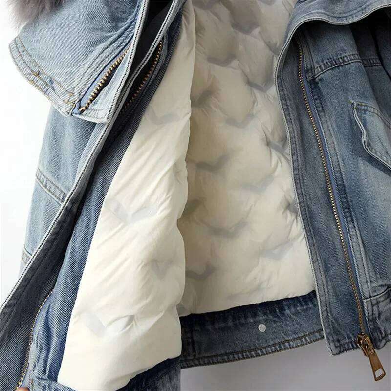 Big Fox Fur Collar Down Cotton Denim Women Vintage Cowboy Outerwear Winter Thick Loose Short Zipper Jeans Jacket Female