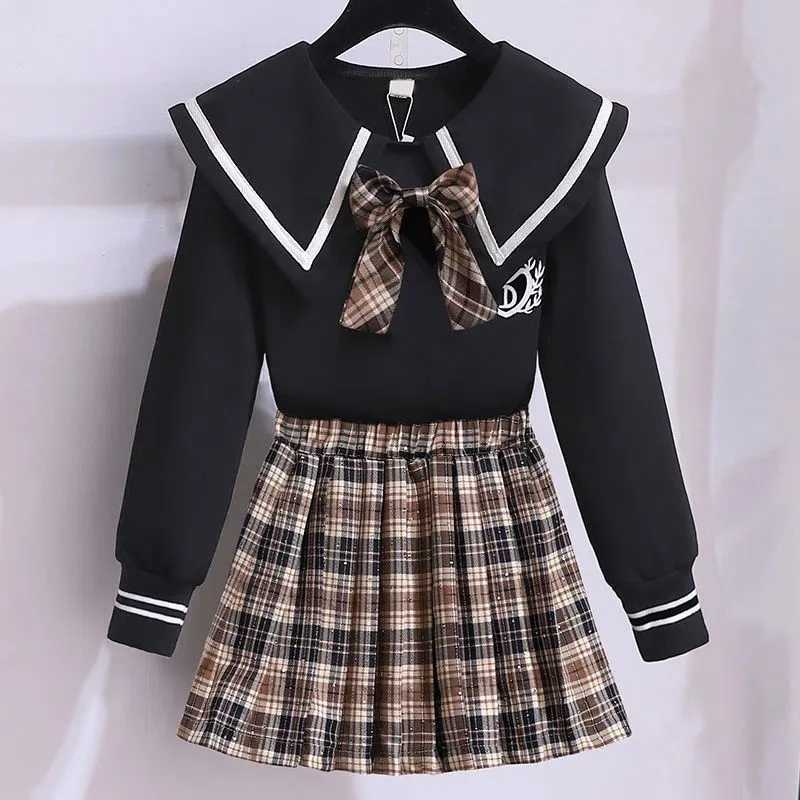 Childrens Set Girls Korean Spring Autumn Flip Neck Bow TopCheckered Short Skirt Set Big Kids Fashion Two Piece Skirt Set L250926ZX85