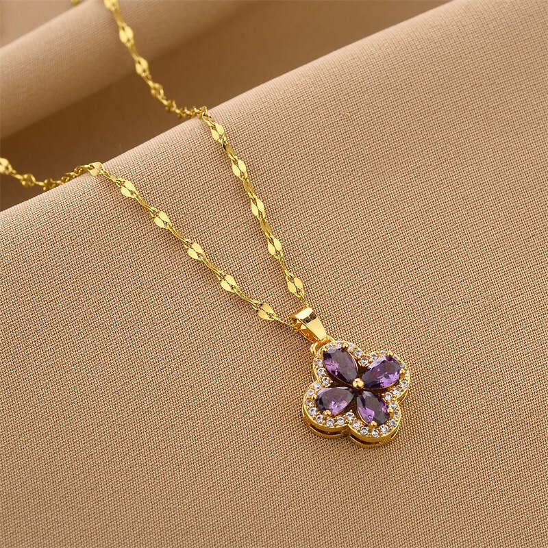 Micro Pave Zircon Violet Four-Leaf Clover Pendant Accessory Titanium Steel Necklace for Women Light Versatile Collarbone Chain