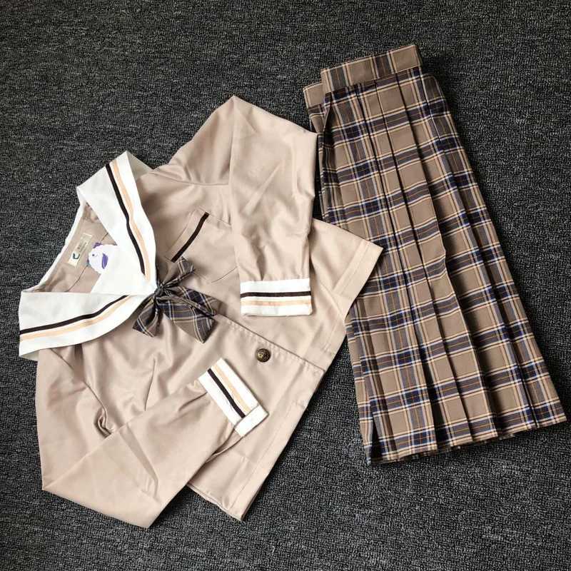 School Dresses Japanese College Middle School Uniform For Girls Jk Uniforms Lady Sailor Suit Tea Brown Color Plaid Pleated Skirt L250926Y07E