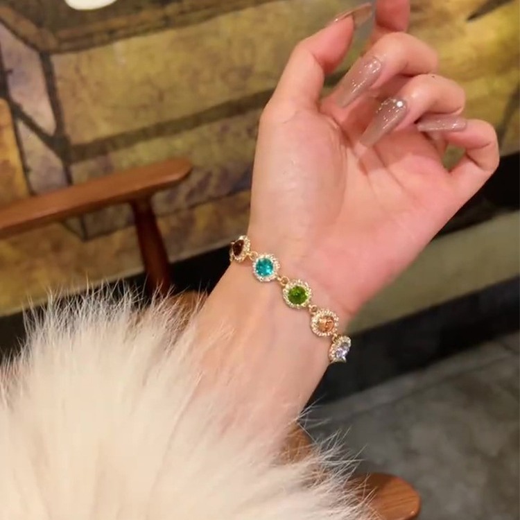 Gold - Toned Multi - Colored Gemstone Bracelet With Crystal Halos Delicate Daily & Vibrant Jewelry Gift For Her High - Quality And Eye - Catching Acce