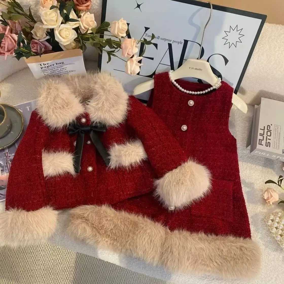 Girls Winter New Years Clothing Set Korean style Childrens Cotton Padded Thick Coat Vest Skirt Childrens New Year Clothes28T L250926317W