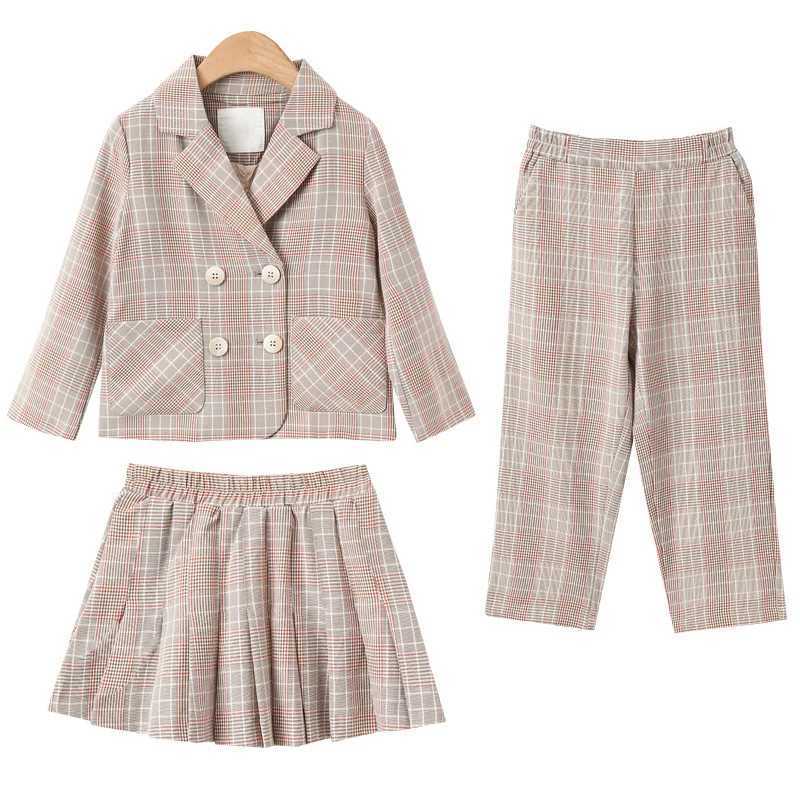 Blazers Suit for Girls Autumn Plaid Jackets Pants Pleated Skirt Two Pieces School Uniform Children Clothes Formal Wear 10 12 Y L250926YHJD