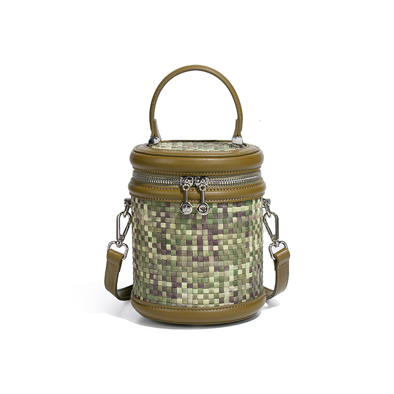 Light Luxury for Women Washed Denim Color-Block Niche Design Fortune Bucket Woven Handbag Tote Cylinder Bag