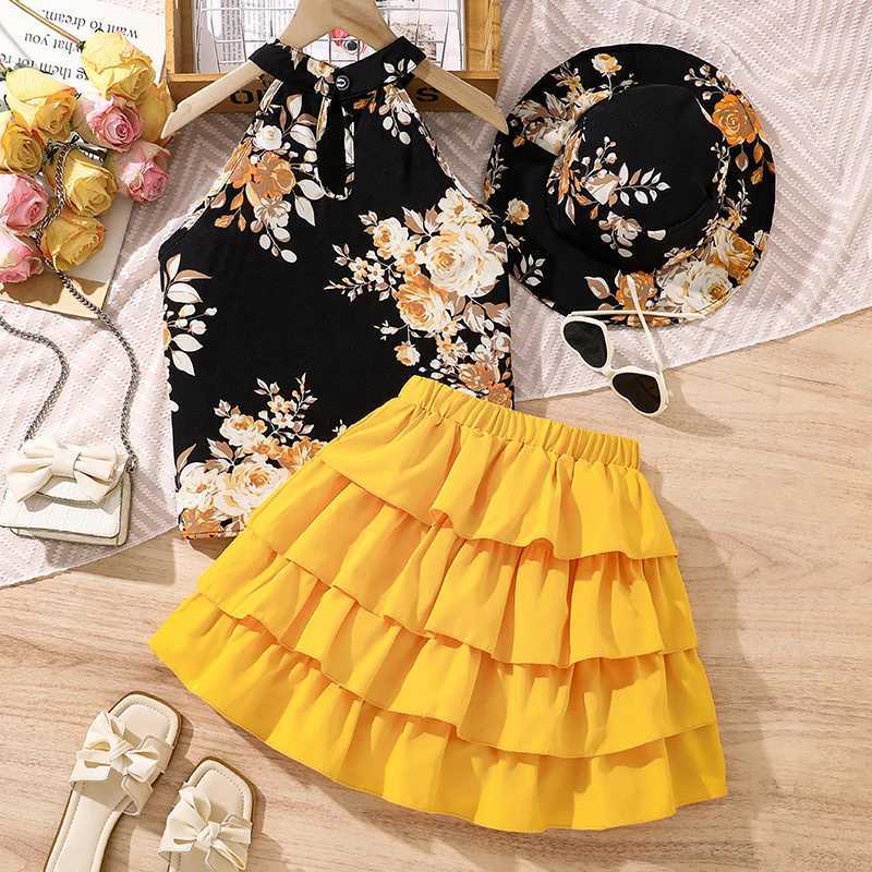 Children Clothes Girl Outfit Black Flowers Printed Vest Yellow Tiered Skirt With Hats 3 Pcs Sets Stylish Girls Outfit L250926P1S3
