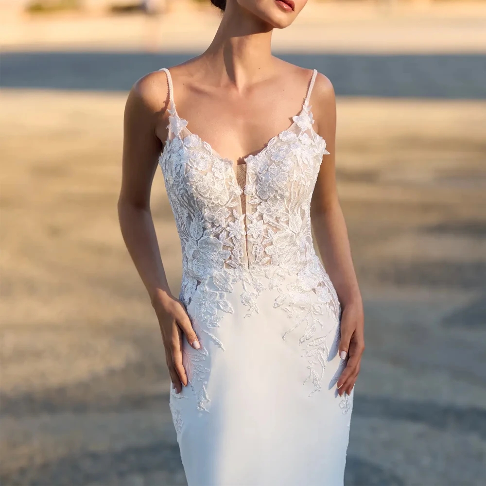Sexy Mermaid Wedding Dress 2026 Spaghetti Strap V Neck Backless Applique Lace Satin Bridal Bride Gown Boho Beach Vestido de Novia