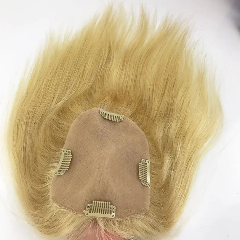 Short #613 Light Blonde Human Hair Topper with Clips in Hairpiece Skin Scalp Silk Top Closure Virgin Hair piece for Women with thinning hair cover gra
