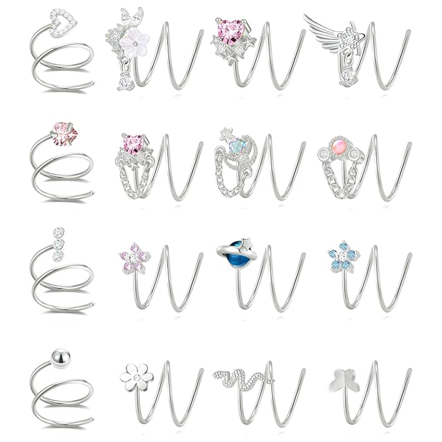 16PCS Nose Ring Hoop Stainless Steel Dangle Spiral Nose Rings Snake Flower Butterfly Wings Heart Ball Twist Earring Hoops Body Piercing Jewelry Silver