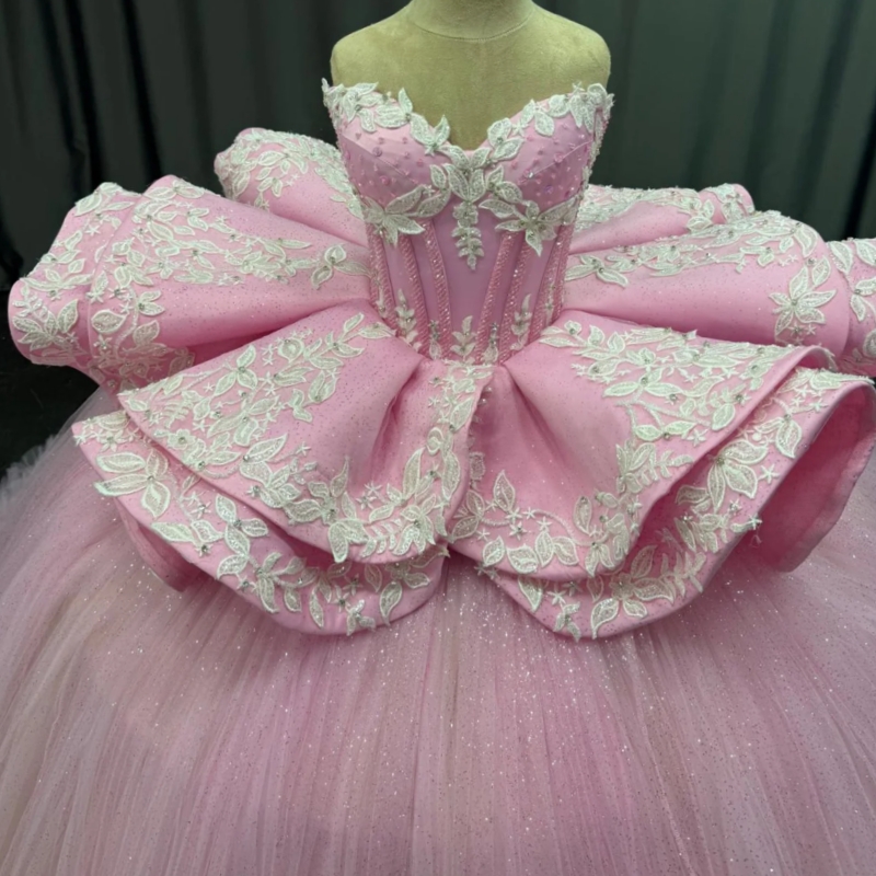 Light Pink Shiny Quinceanera Dresses Off The Shoulder Applique Lace Beads Corset Tiered Tull Party Birthday Sweet 16 Dress Vestidos 15 De Anos