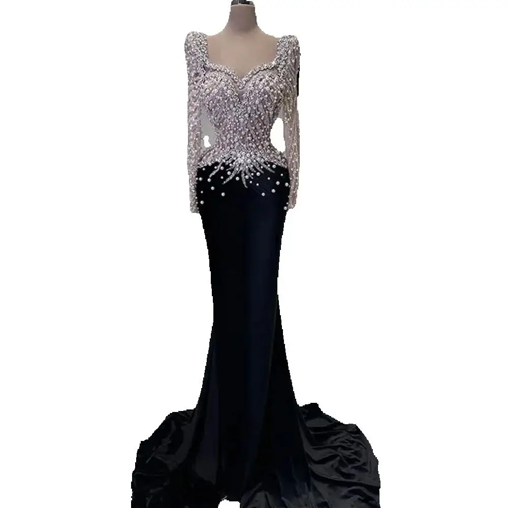Elegant Pearls Evening Dresses Crystal Prom Gowns Beading Velvet Sequins Long Sleeves Princess Customized Vestidos De Noche Plus Size