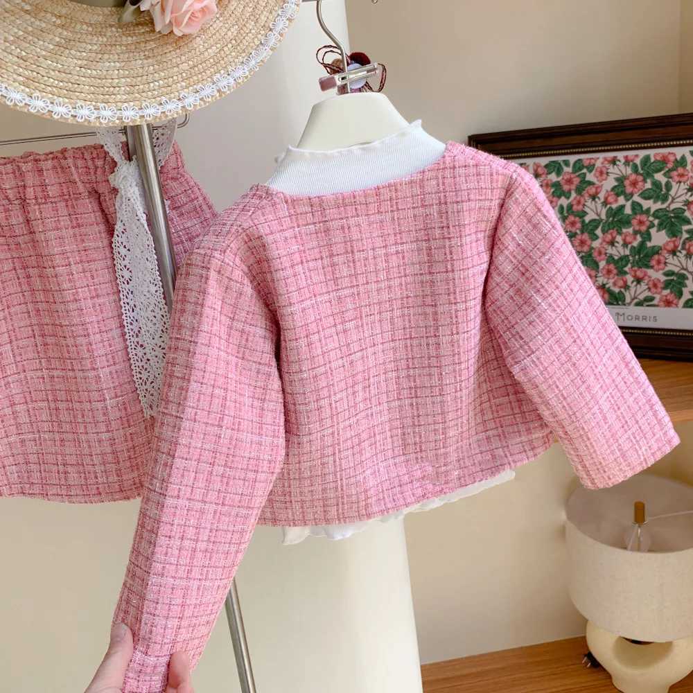 Girls Set Autumn 2022 New Lace Small Fragrant Woolen Coat Hip Wrap Dress Korean Two Piece Set L250926CNQY