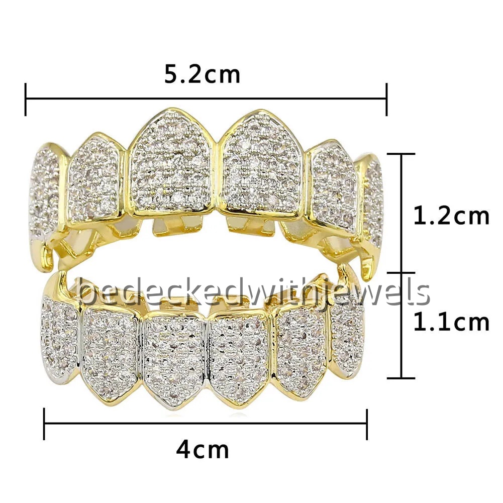 Mens Gold Grillz Teeth Set Fashion Hip Hop Jewelry High Quality Eight 8 Top Tooth & Six 6 Bottom Grills Custom Made Dental Grillz Iced Out Sterling Si
