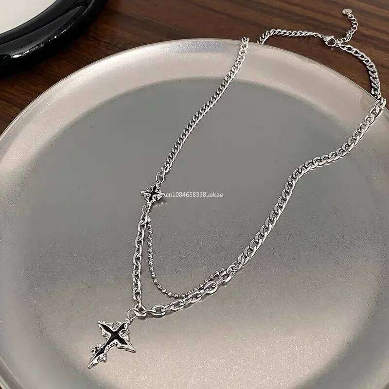 Y2K Grunge Hip Hop Halloween Jewelry Accessories Punk Metal Back Cross Pendant Sier Color Chain Necklace for Women Men 1pcs