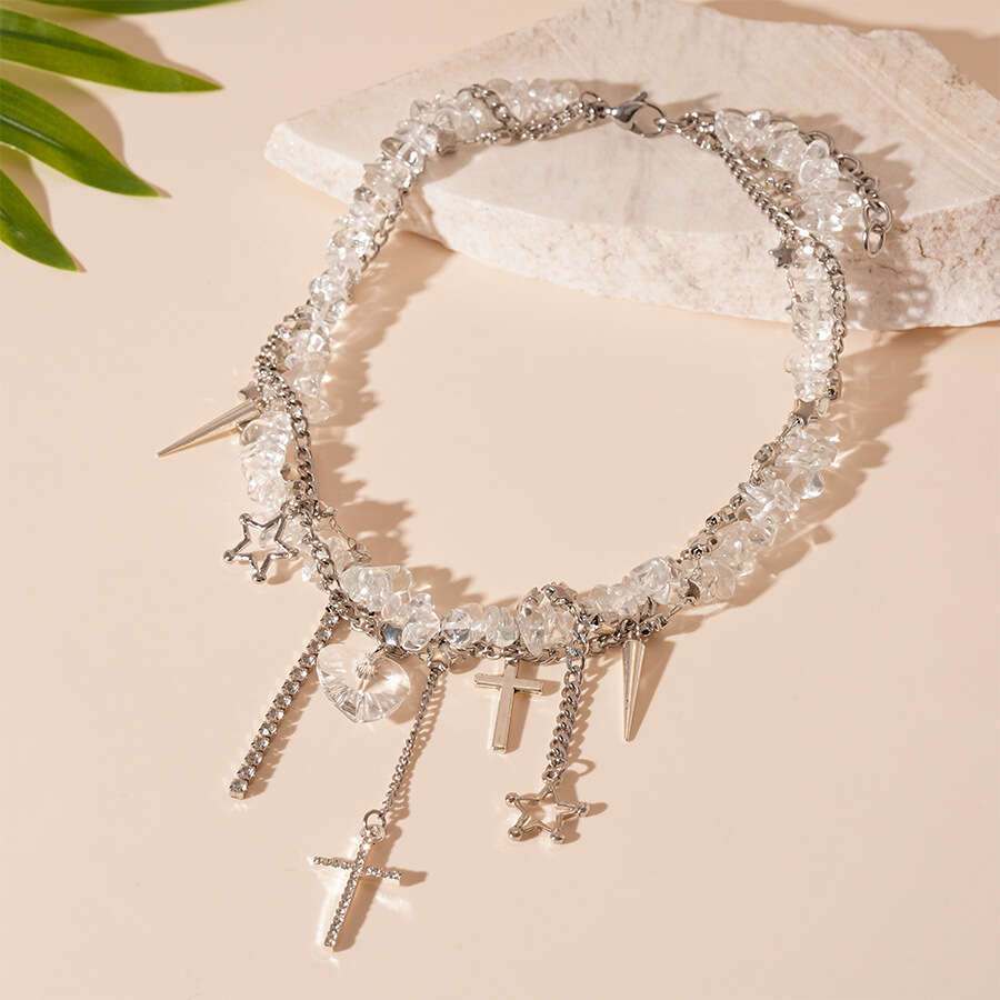 Collarbone Necklace Star Inlaid Dia Cross Heart Artificial Stone Personality Niche Elegant High-end Collarbone Necklace for Women