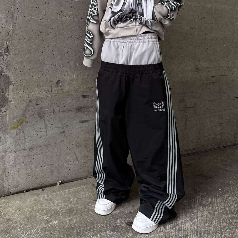 Double Waist Striped Casual American Style Unisex Trendy Brand Fake Two-Piece Loose Long Pants