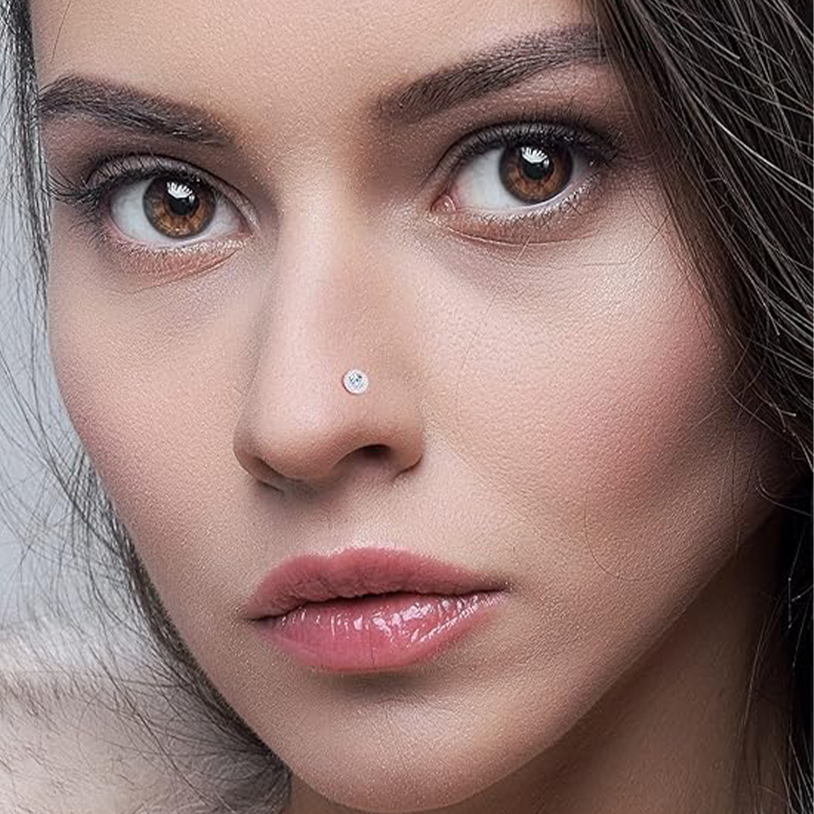 12Pcs Nose Rings Stud L Shape Cubic Zirconia Butterfly Flower Moon Crown Heart Lightning Shape Nose Studs Piercing Jewelry Women Men Silver Plated 20G