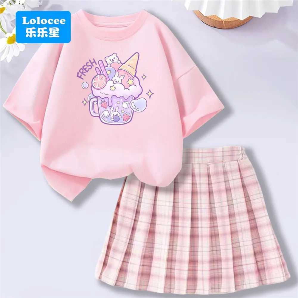 Lolocee Summer Girls 2 Piece SetShort Sleeve Fresh Drink Bunny Print Top Pink Plaid Skirt OutfitTrendy Childrens Fashion L2509262KBT