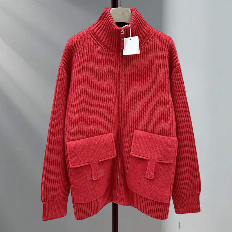 Retro Y2K Designer Luxury Women's Dual Pocket Wool Knit Coat Trendy Simple Drop Shoulder Long Sleeve Zip Up Red Dark Khaki Paris Runway Warm Chic
