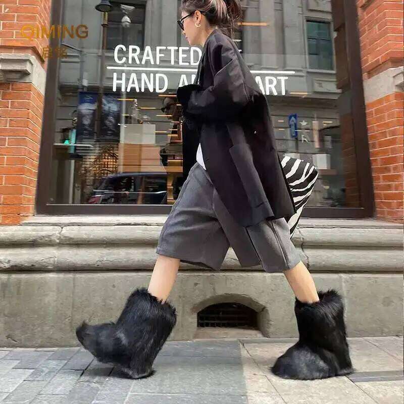 Women Faux Fur Winter Fluffy Plush Warm Mid Calf Snow Fashion Furry Boots Comfortable Outdoor Flat Shoes