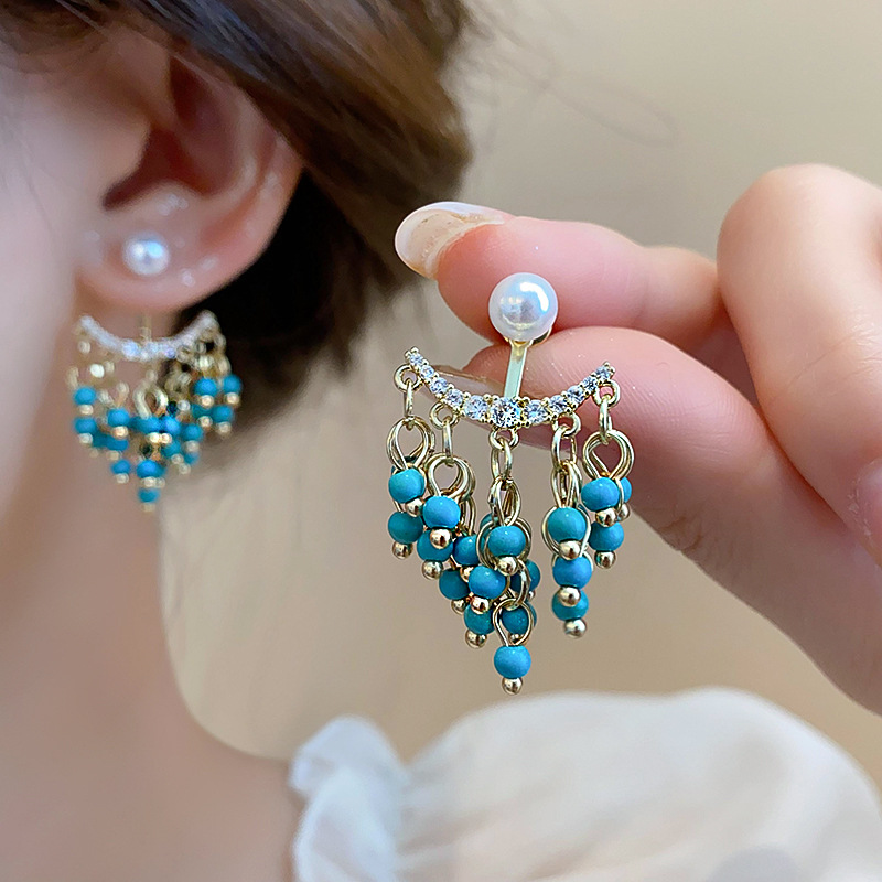 Gold - Toned Dangle Earrings With Turquoise Beads, Pearl And Zircon Accents Delicate Daily & Elegant Jewelry Gift For Her High - Quality And Stylish A