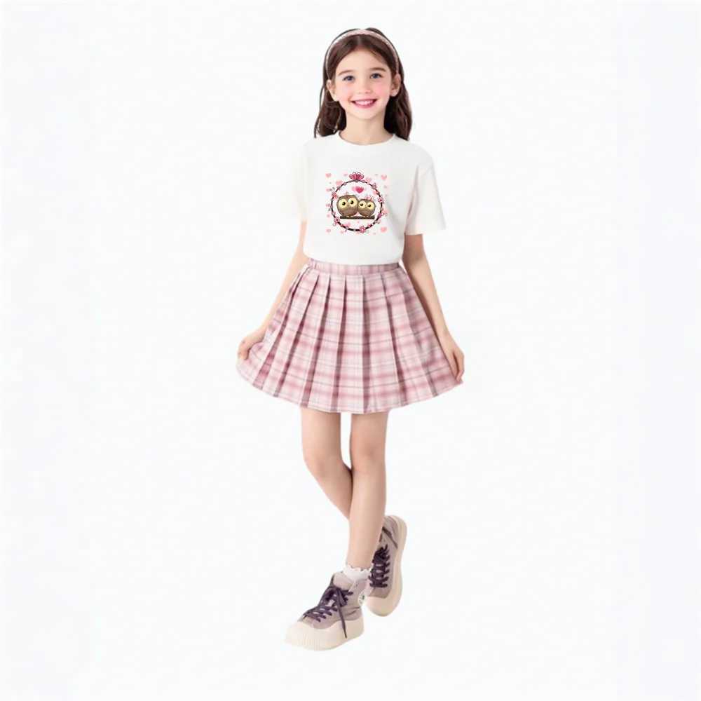 Cute Owl Birthday Girls Set Summer Short Sleeve Tee with Heart Balloon Plaid Skirt 2 pcs Outfit Perfect for Party Suits L250926UXOX