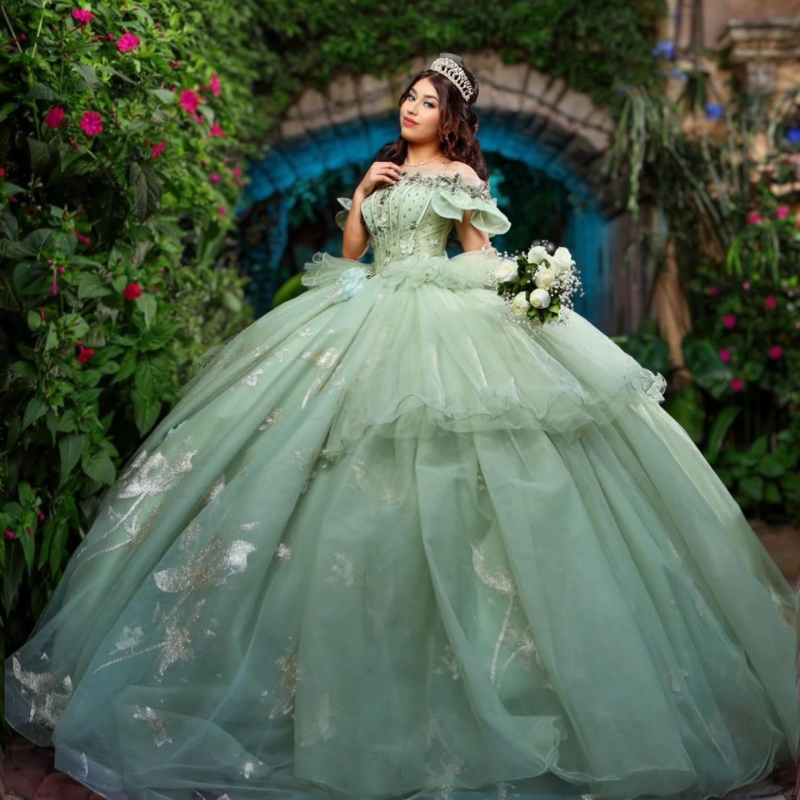 Sage Green Shiny Quinceanera Dresses Off The Shoulder Sequin Applique Lace Beads Corset Tull Party Birthday Sweet 16 Dress Vestidos 15 De Anos