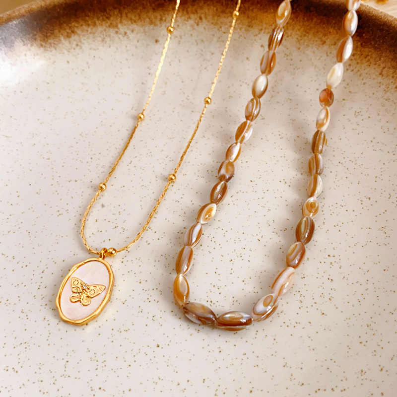 Gold - Toned Beaded Chain Necklace With Mother - Of - Pearl And Butterfly Pendant Delicate Daily & Elegant Jewelry Gift For Her High - Quality And Chi