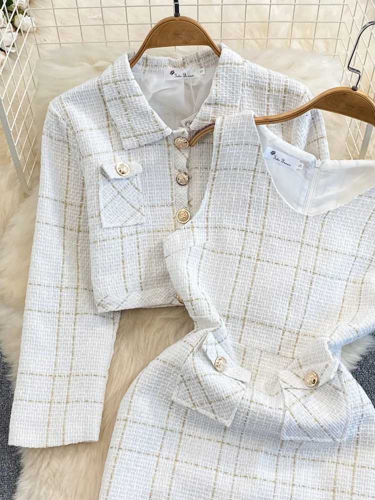 Autumn Dress Suit Women Luxury Korean Chic Blue Tweed Jacket Vest Dress Elegant 2 Piece Set Long Sleeve Cropped Coat L250926M703