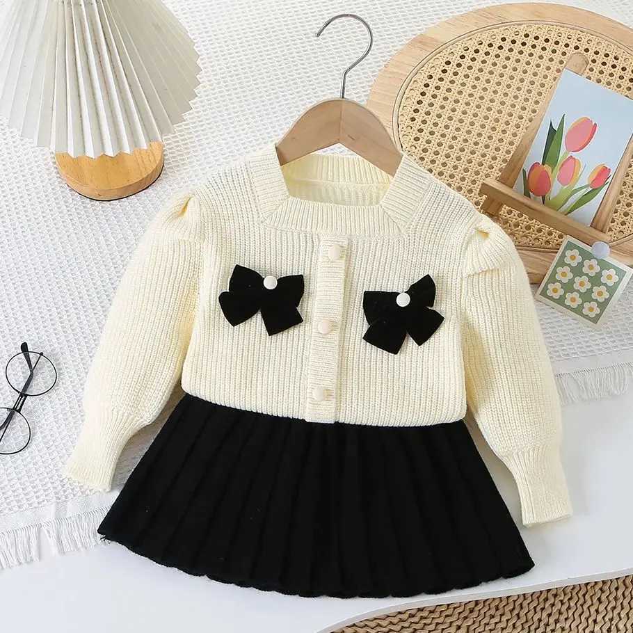 Fashion Autumn Winter TwoPiece Toddlers Girls Clothes Set Bow Knitted Sweater Tops With Pleated Skirt For Childrens Clothing L250926NXH9