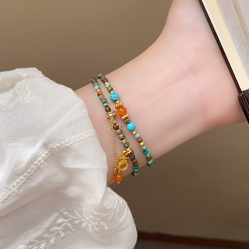 Gold - Toned Multi - Layer Beaded Bracelet With Colorful Stone Accents, Lucky Symbol And Tassel Detail Delicate Daily & Elegant Jewelry Gift For Her H