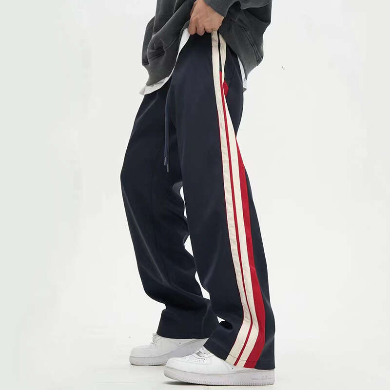 Drapey Wide-Leg Straight Men's Trendy Versatile Loose Casual Sports Long Pants Patchwork Color-Block Striped Sweatpants B5