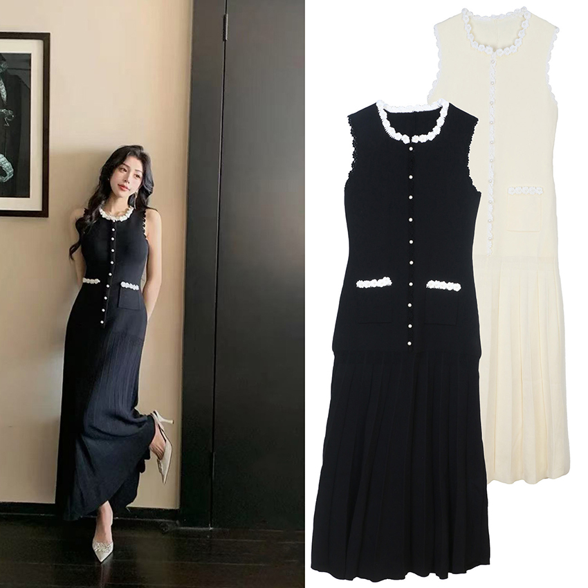 SD2025 Pleated Knit Dress for Women; Spring New Arrival; French Elegance; Lace Color Blocking; Black Sleeess Maxi Dress; Women's Knit Maxi Dress