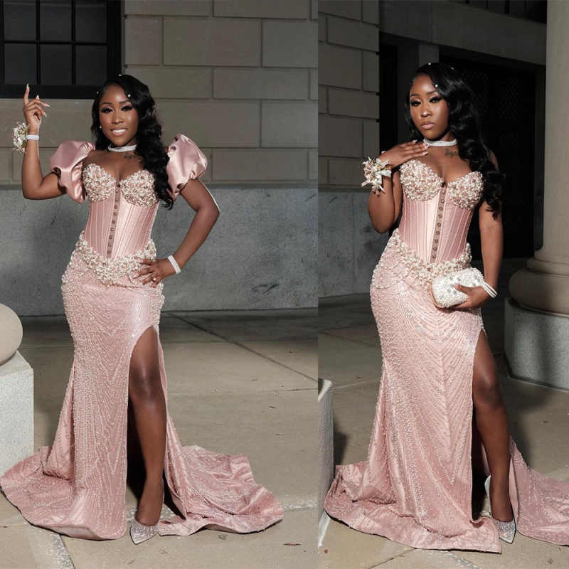 Exquisite Mermaid Evening Dress Sweetheart Sleeveless Pearls Prom Gowns Beading Splits Floor Length Formal Dresses Customized