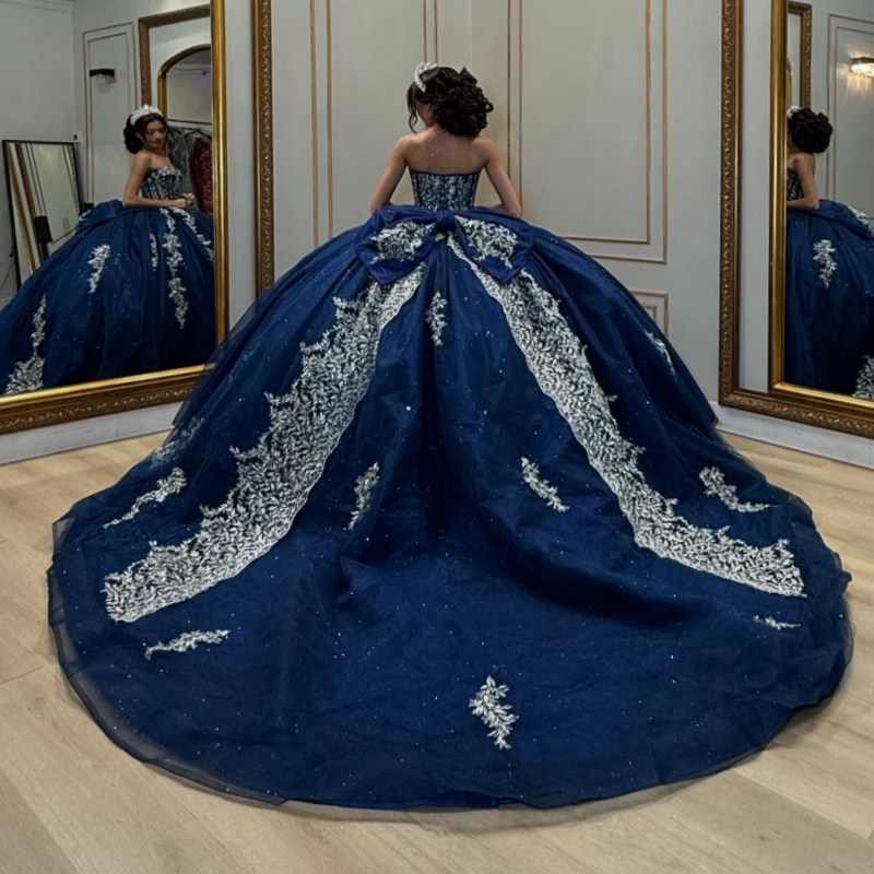 Navy Blue Shiny Quinceanera Dresses Off The Shoulder Applique Lace Beading Crystal Bow Corset Tull Party Birthday Sweet 16 Dress Vestidos 15 Anos