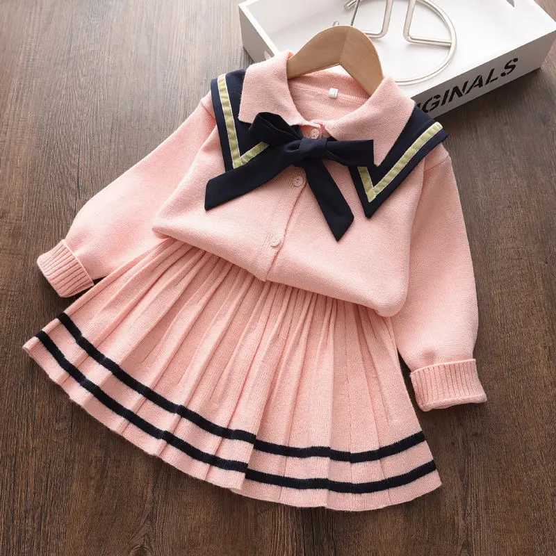 Girls 2025 JK Uniform Set Childrens SpringAutumn Knitted Cardigan Skirt 2piece Set Kids School Breathable Clothing Set LH733 L250926HOYP