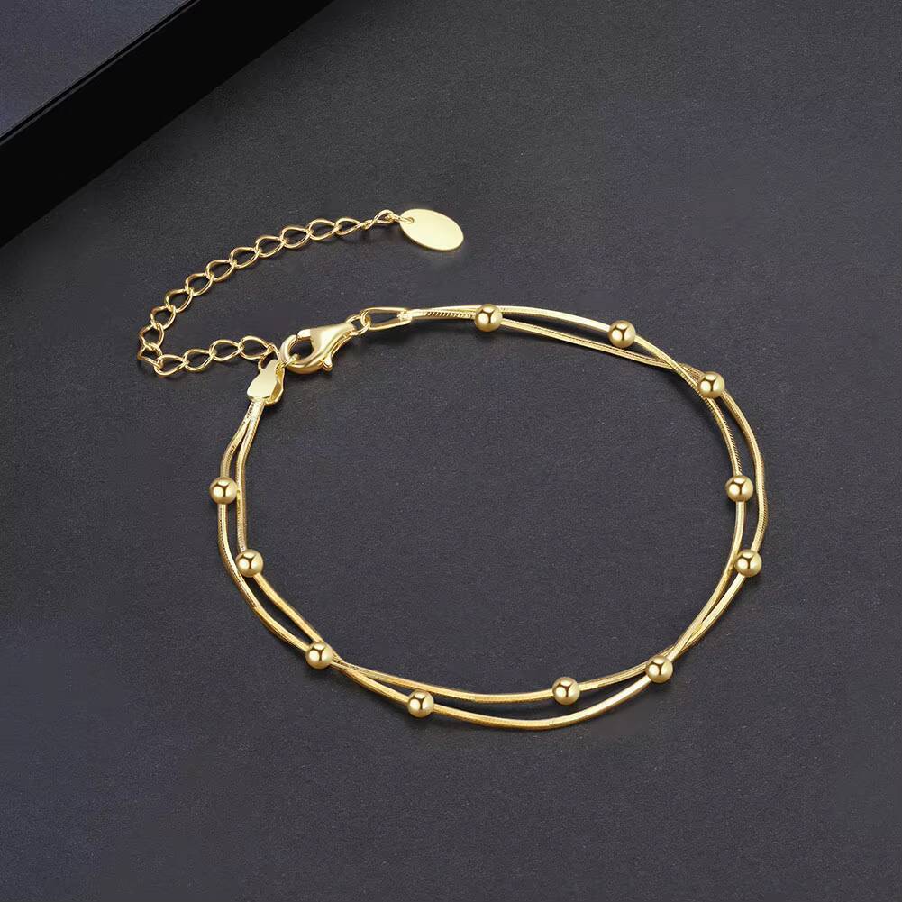 RINNTIN SB183 S925 Sterling Silver 09mm Width Round Snake Satellite Chain 14K Gold Plated Women Bracelet Jewelry