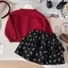 New Autumn Children Girls Knitwear 2PCS Clothing Knotbow Button Red Sweater Cardigan Suit All Printed Kids Baby Girls Cake Skirt L250926GED0