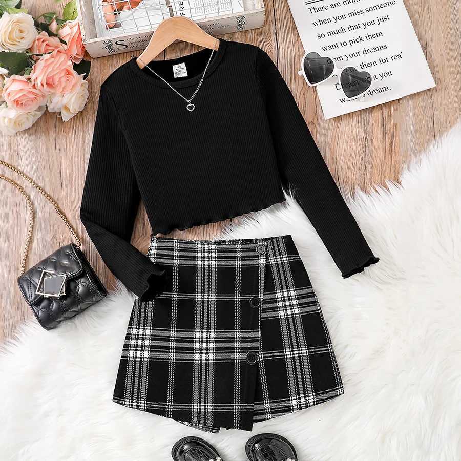 Girls spring new childrens fashion casual clothing knitted crewneck longsleeved top asymmetrical plaid skirt 2piece set L250926HNCY