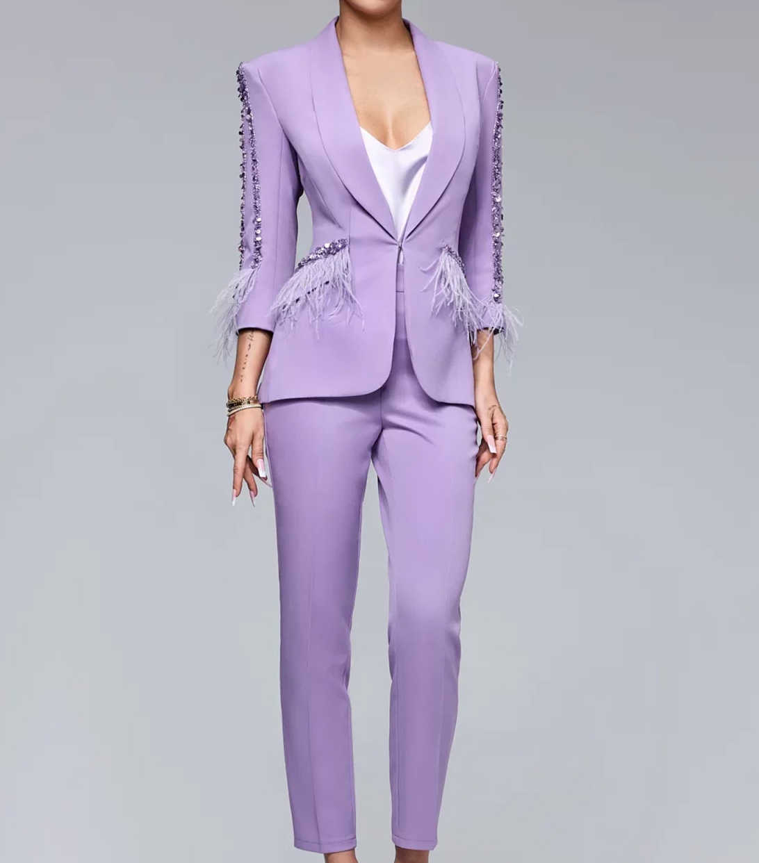 Elegant Purple Women Pants Suits Crystal Beading Red Carpet Lady Slim Fit Wear Prom Birthday Jacket Coat Customized 2 Pieces