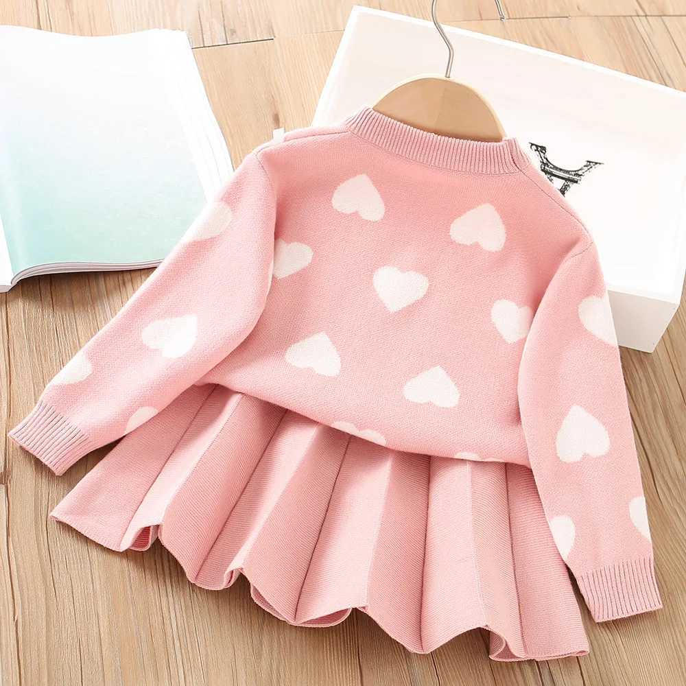 Spring Autumn Girls Clothing Set Heart Pattern Knitted Sweater Sweatshirt Ball Decoration Skirt 2Pcs Suit For Girl L2509268P7E