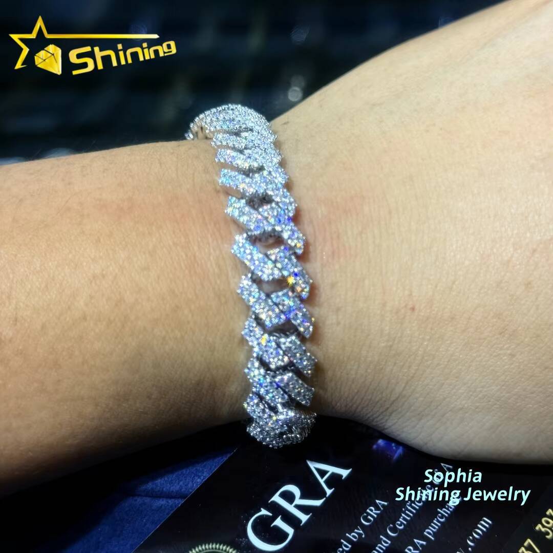 New Stocks 12mm 925 Silver Cuban Link Chain Hip Hop Jewelry Men Iced Out Moissanite Diamond Cuban Bracelet