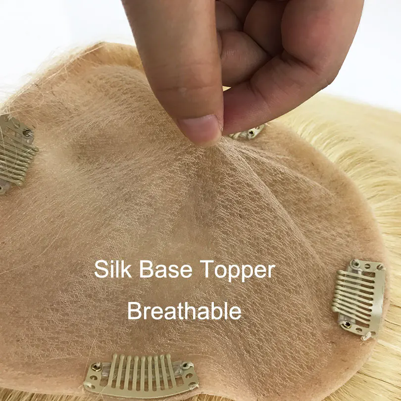 Short #613 Light Blonde Human Hair Topper with Clips in Hairpiece Skin Scalp Silk Top Closure Virgin Hair piece for Women with thinning hair cover gra