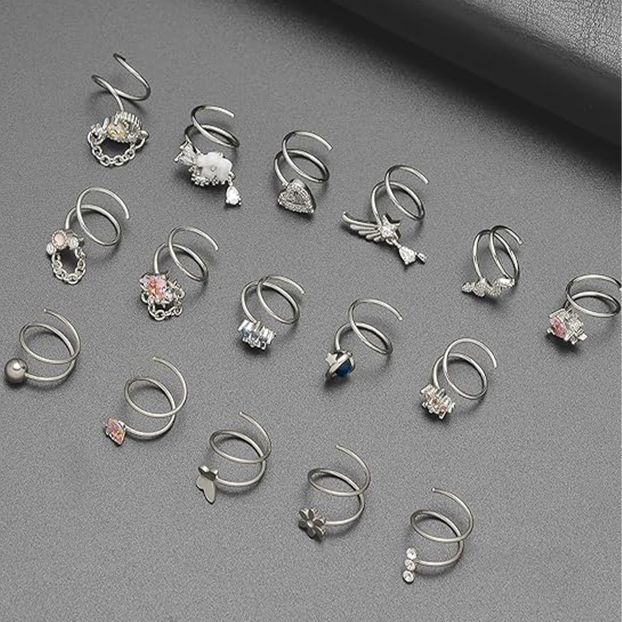 16PCS Nose Ring Hoop Stainless Steel Dangle Spiral Nose Rings Snake Flower Butterfly Wings Heart Ball Twist Earring Hoops Body Piercing Jewelry Silver