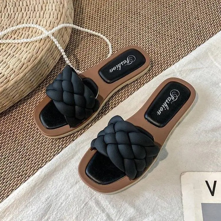 Solid Color Women's Woven Beach Walkers - Comfortable Flat Sandals for Summer Sandals Walking Solid Color Women Shoes Woven Beach Female Slippers