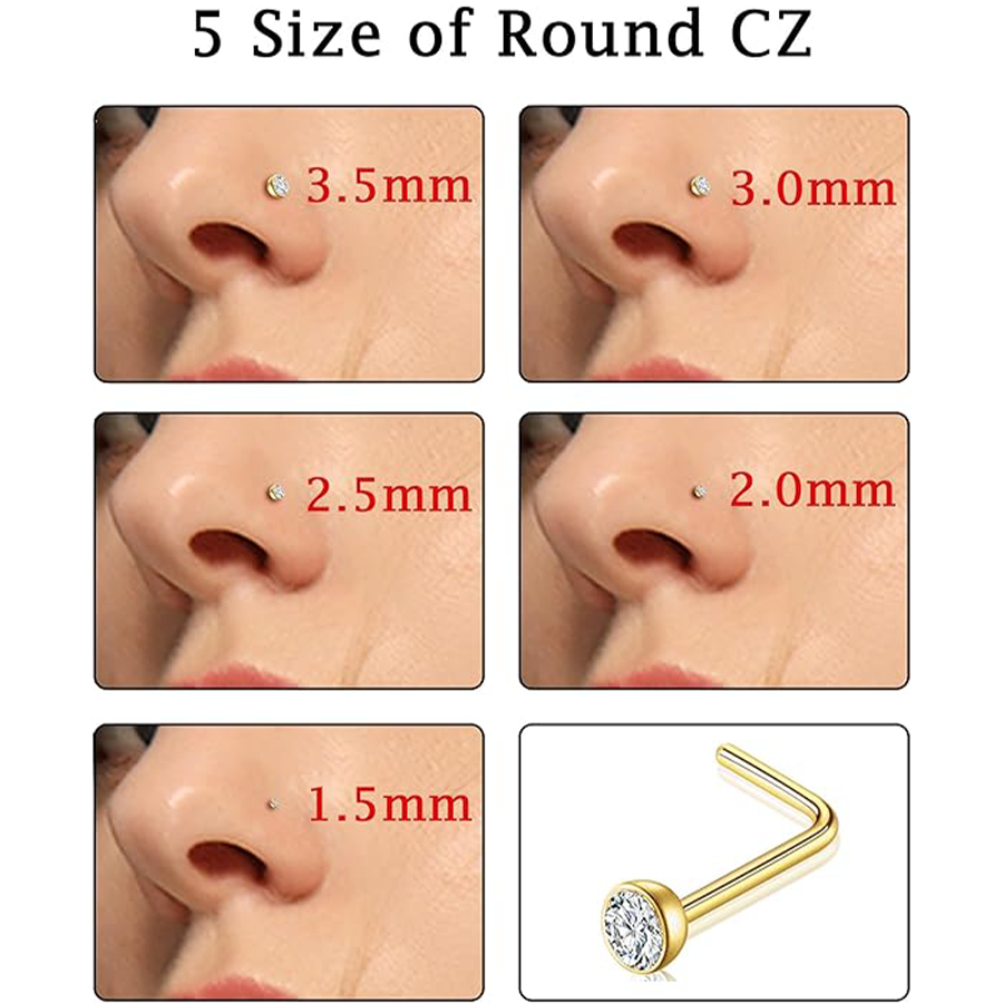 15PCS Titanium Nose Studs Ring L-Shaped Round CZ Ball Opal Star Heart Nose Studs Nostril Body Piercings Jewelry Set for Women Men Gold Tone 20G