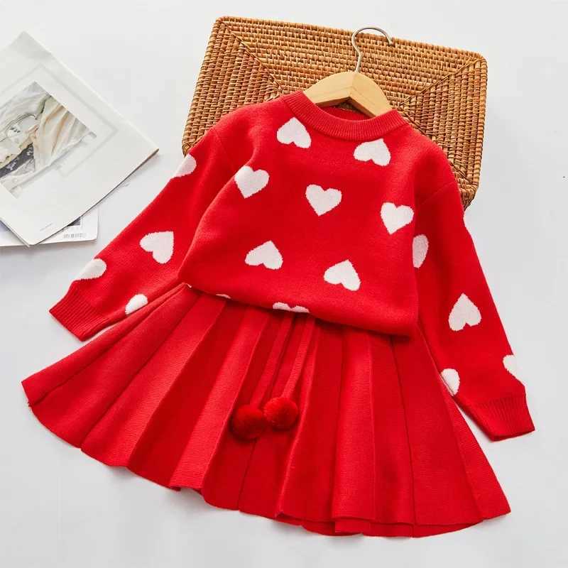 FallWinter 2024 New Love Sweater Set Girls Clothing Sets Baby Pullover Top Pleated Skirt Set Cute Girls Fashion Kids Outfit L2509264839
