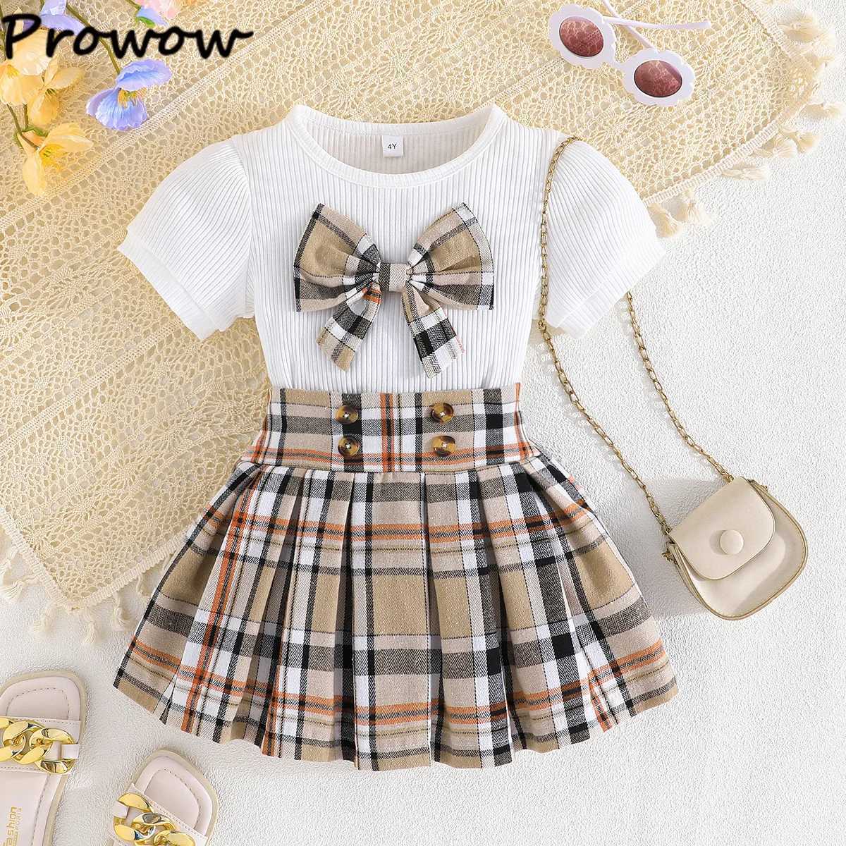 Prowow 37Y Girl School Outfits Short Sleeve Front Bowknot Tshirt and High Waist Plaid Skirt 2pcs Sets For Children Clothing L2509269IF7