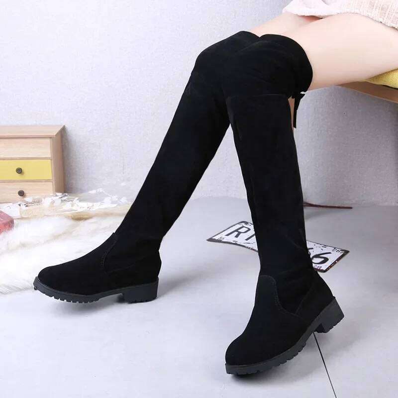 Faux Suede Female Heels Autumn Winter Elastic Knee-high for Women Tube Lace-up Thigh Boots Black Botas