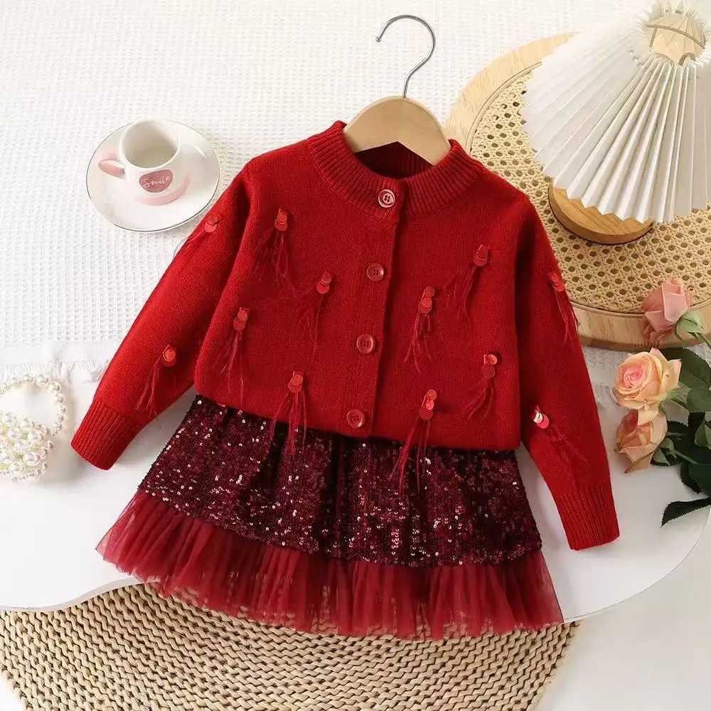 South Korea Childrens New 26Year Girls Autumn Suits Childrens Small Fragrance Bow Cardigan Sequin Fashion Skirt Set 90130cm L250926W3OB
