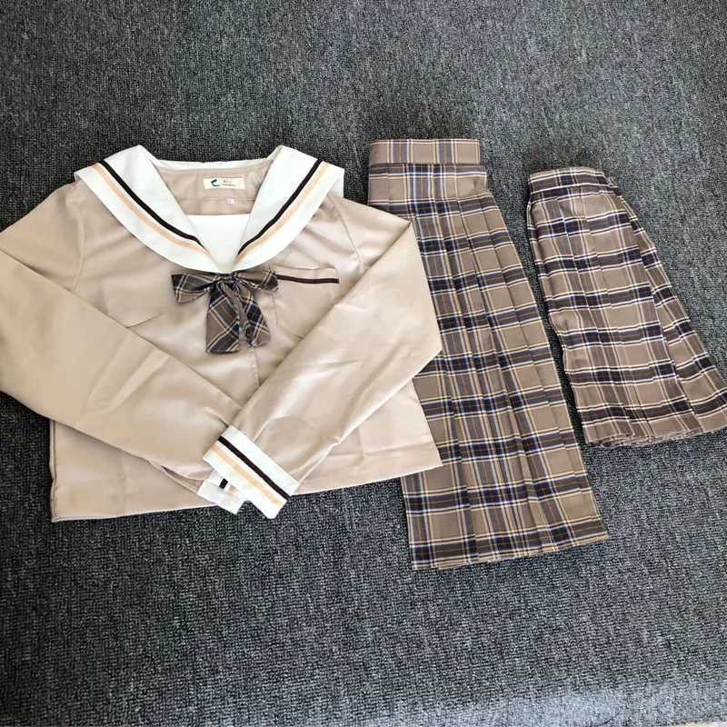School Dresses Japanese College Middle School Uniform For Girls Jk Uniforms Lady Sailor Suit Tea Brown Color Plaid Pleated Skirt L250926Y07E